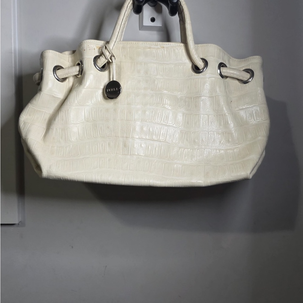 Furla Cream Shoulder Bag with Textured Finish and Silver Hardware